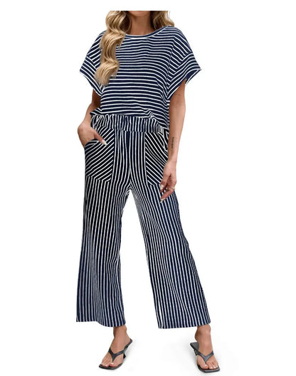 2026 New Women Pants Set Striped Casual Loose Fashion Comfortable Niche Round Neck Elastic Waist Daily Commuter Style Pants Set