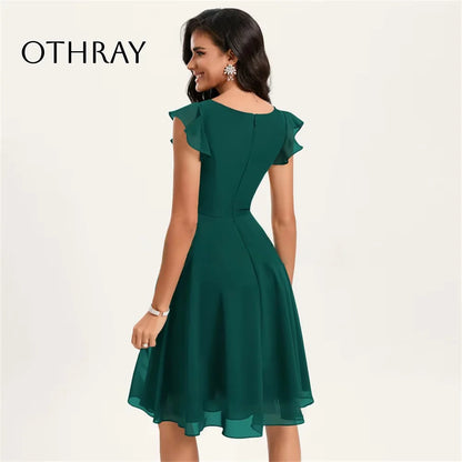 New A-line Bridesmaid Dress With Ruffle Prom Dresses V Neck Party Dresses Chiffon Knee-Length Vestidos De Fiesta فساتين السهرة