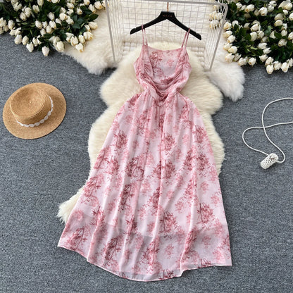 New Korean Fashion Rose Flower Print Romantic Retro Party Dress Summer Elastic High Waist Vacation Long Dress Beach Vestido