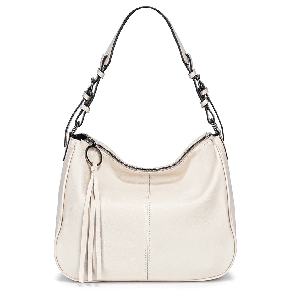 Zency Genuine Leather Hobo Bag Women Simple Classic Casual Handbag Shoulder Tote Soft Crossbody Large Pockets Tassel Bags