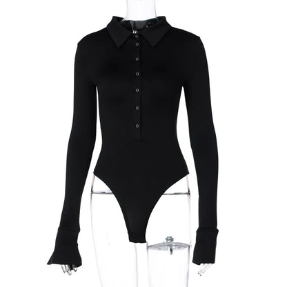 Long Sleeve Bodysuit Women Y2k Clothes Button Lapel Sexy Tops Autumn Winter Fashion Stretch Tight Elegant Body Suits Women 2024