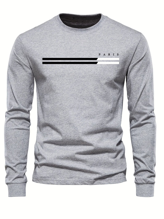 Men's 100% pure cotton summer loose comfortable casual  PARIS print large round neck long sleeve T-shirt top