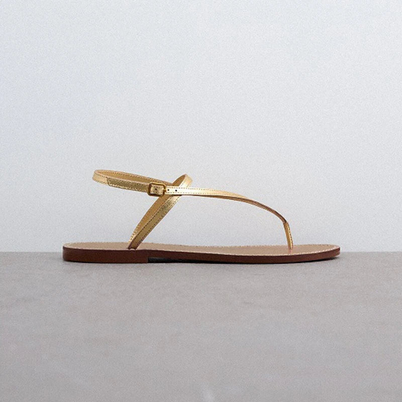 narrow band gold leather flat sandals women 35-43 big size summer jandal sandalias mujer T-strap flat Roman sandales femmes été