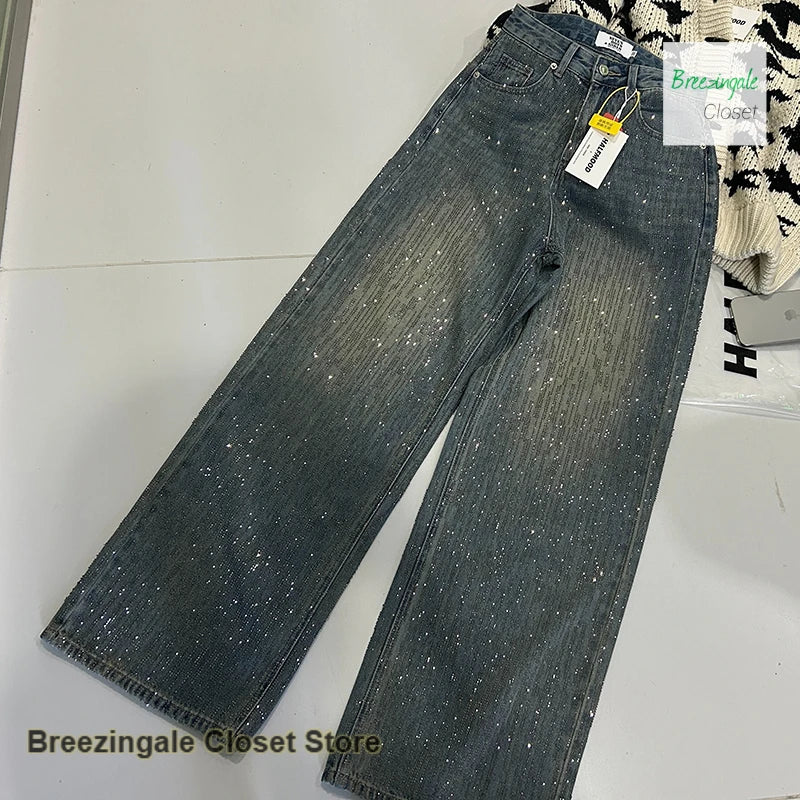 Korean style fashion rhinestone jeans women's autumn and winter new design temperament high waist straight loose trousers.
