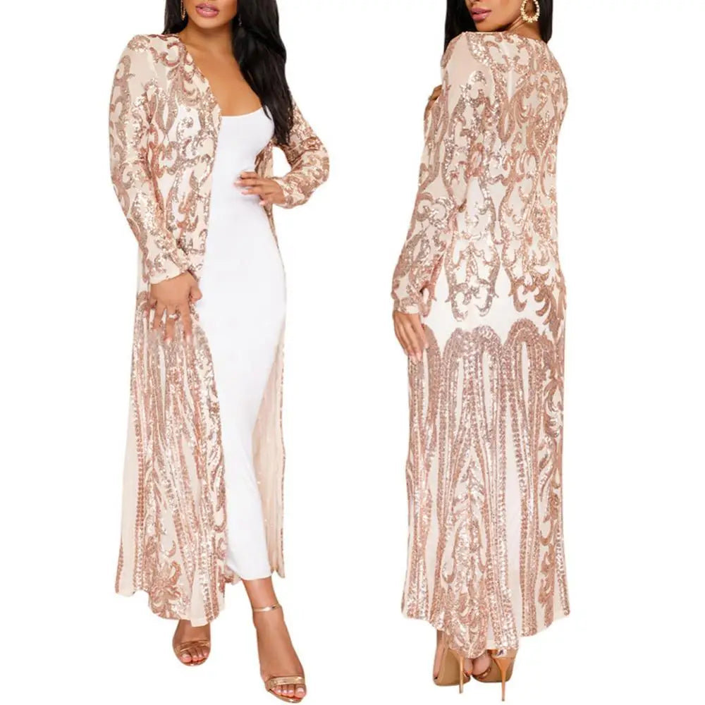 Women's Long Coat Sexy Sequin Perspective Long Sleeve Maxi Coat Gown Cardigan Vintage Evening Party Open Blouse кардиган женский