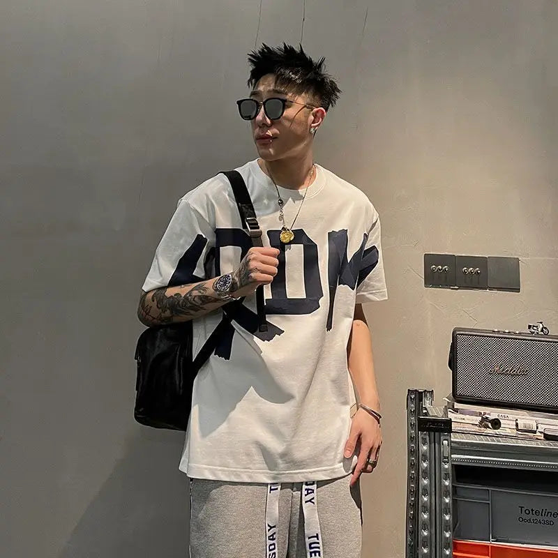 2023 Summer Casual All-match Trend Korean Fashion Short Sleeve Round Neck Solid Color Letter Printed Loose Fashion Youth T-shirt