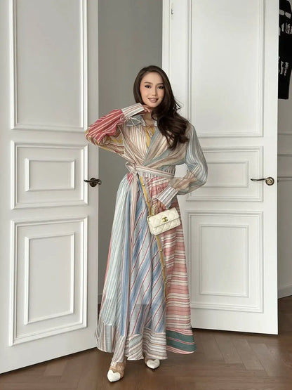 Women Multicolor Striped Maxi Dress Collared Waist Belt Wrap Long Sleeve Ruffle Hem Casual Summer Dress 2026 Trendy Lady Robe