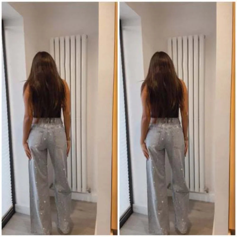 Japanese and Korean Casual Women's High Waisted Washed Denim Jeans, Loose and Slimming, Versatile and Rhinestone Hot Stamping