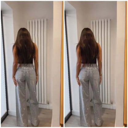 Japanese and Korean Casual Women's High Waisted Washed Denim Jeans, Loose and Slimming, Versatile and Rhinestone Hot Stamping