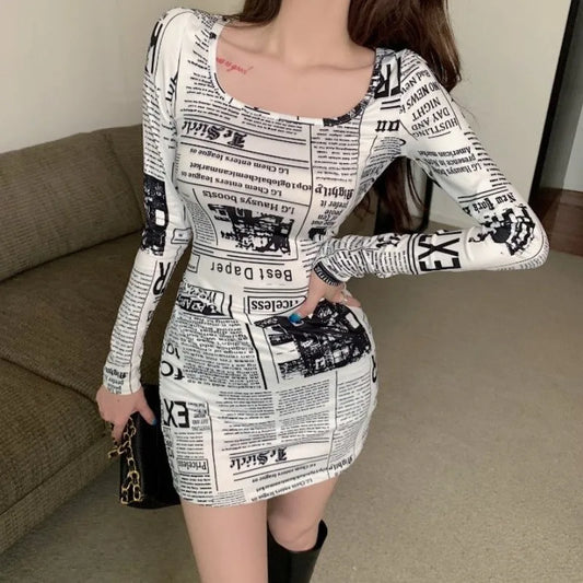 Dress for Women Korean Style Tight Newspaper Printed Dress Summer Hot Girl Suspender Short Skirt Pure Desire Long Sleeved Dress