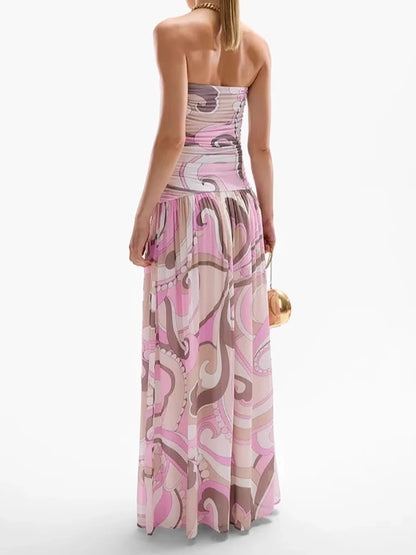 Women Summer Printing Patchwork Maxi Dress, Sleeveless Fashion Holiday Party Dress, 2024 Elegant Strapless Ladies Dress Vestidos
