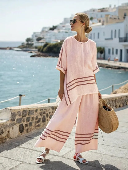 Retro Vacation Printed Striped 2Piece Set Half Sleeve Oversize Pullover Top+Long Pants Casual Women Patchwork Pocket Set Outfits