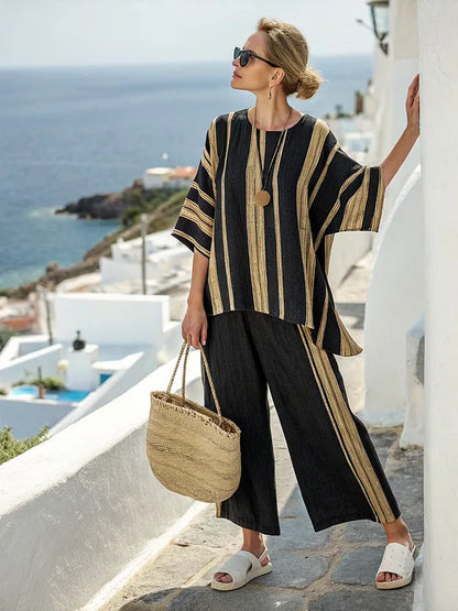Retro Vacation Printed Striped 2Piece Set Half Sleeve Oversize Pullover Top+Long Pants Casual Women Patchwork Pocket Set Outfits