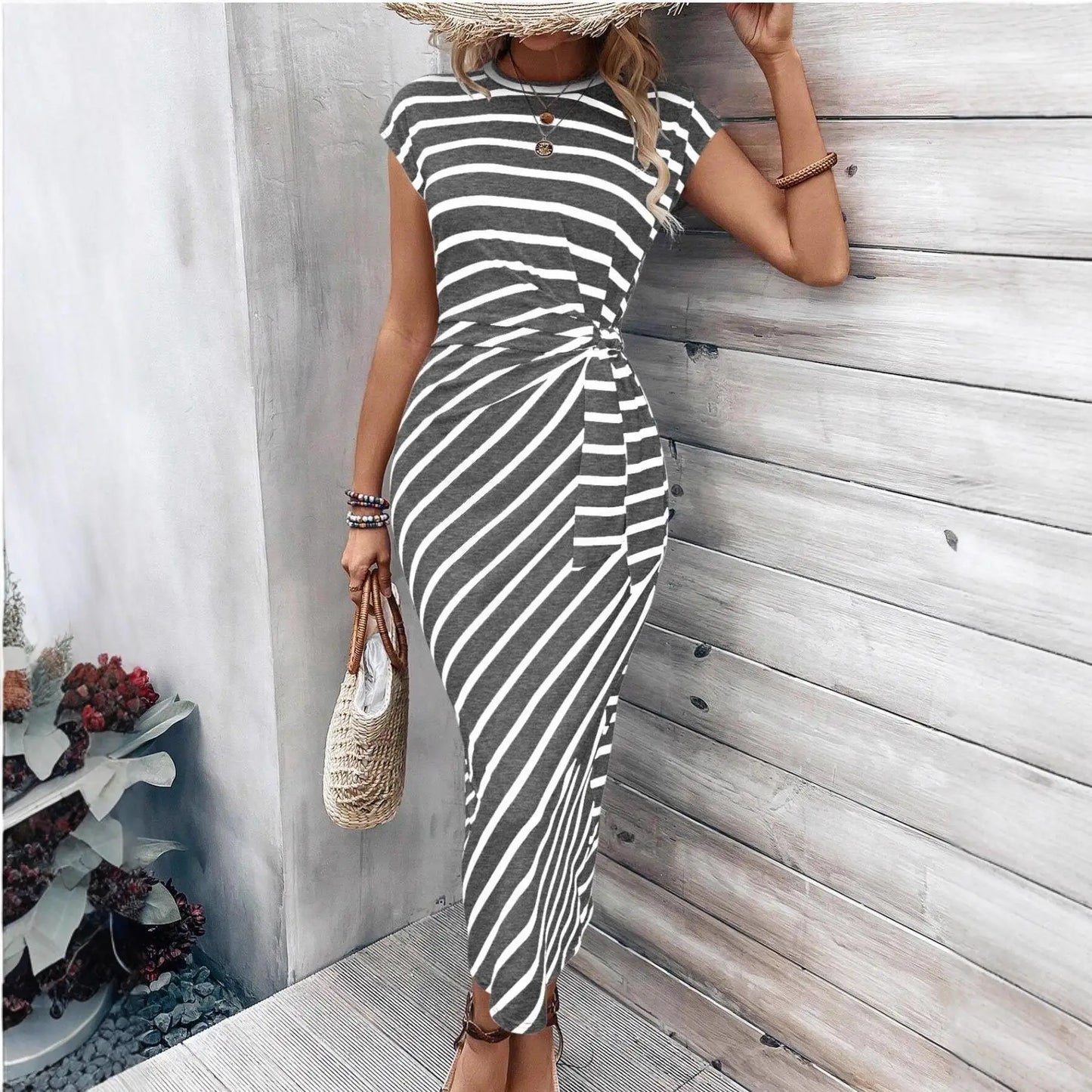 Women's Casual round Neck T-shirt with Waist Strap Short Sleeve Long Bodycon Dress Elastic Waist Other Fabric Other Composition