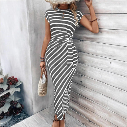 Women's Casual round Neck T-shirt with Waist Strap Short Sleeve Long Bodycon Dress Elastic Waist Other Fabric Other Composition