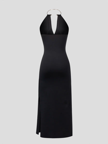 Women HalterNeck DeepV Black Ruched Slit Maxi Dress Elegant Sexy Party SpringSummer Glam WeddingGuest Cocktail Stretchy Dress