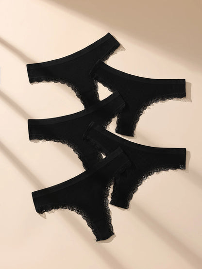 5Pcs Women Thongs Sexy Lace Panties Low Waist Underwear Girls Briefs G-String Breathable Ladies Panty Black Female Lingerie S-XL