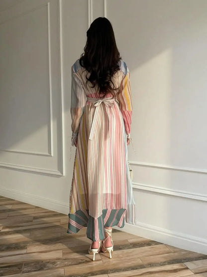 Women Multicolor Striped Maxi Dress Collared Waist Belt Wrap Long Sleeve Ruffle Hem Casual Summer Dress 2026 Trendy Lady Robe