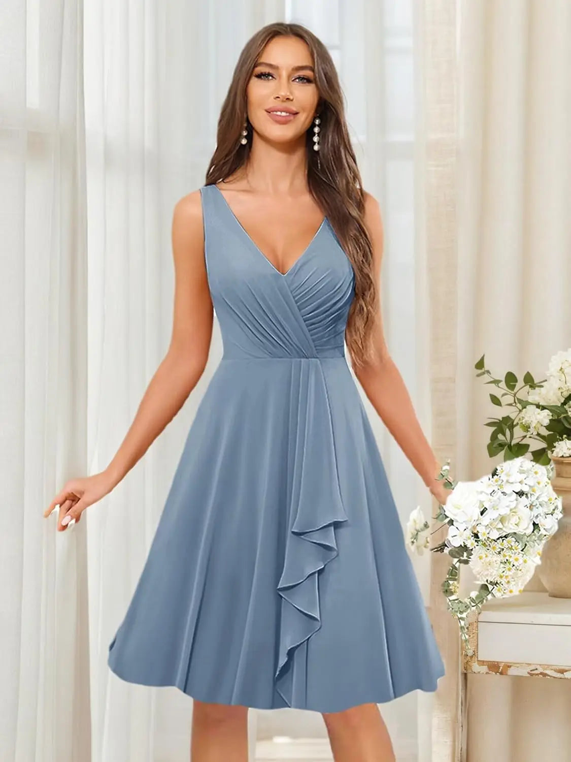Short Bridesmaid Dresses for Women V-Neck Knee Length Pleated Ruffles Chiffon Evening Gown Evening Dresses Prom Party Dresses