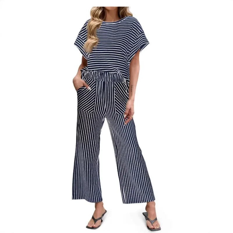 2026 New Women Pants Set Striped Casual Loose Fashion Comfortable Niche Round Neck Elastic Waist Daily Commuter Style Pants Set