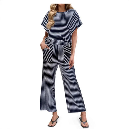 2026 New Women Pants Set Striped Casual Loose Fashion Comfortable Niche Round Neck Elastic Waist Daily Commuter Style Pants Set