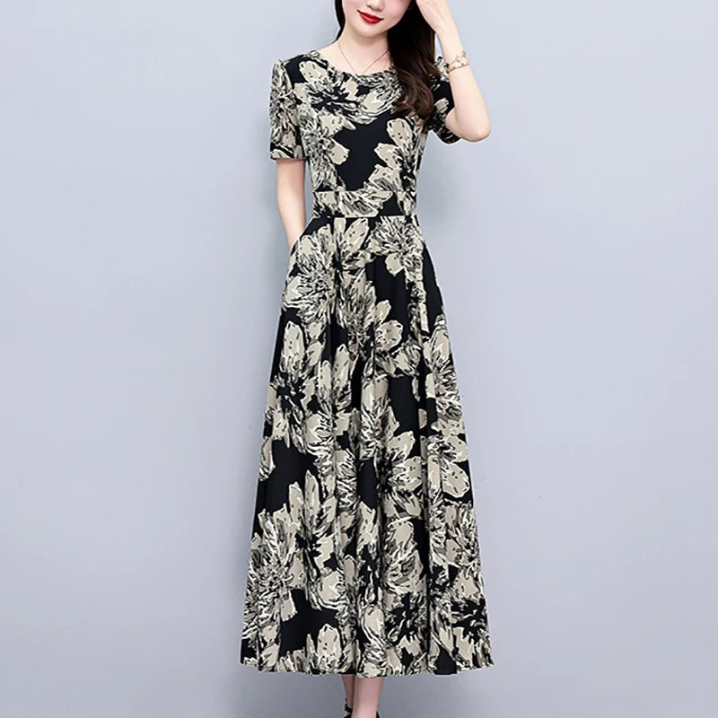 2024 Summer Floral Casual Long Sundress Women Elegant Bodycon Party Chic Prom Night Dresses Fashion Vintage Black Luxury Clothes