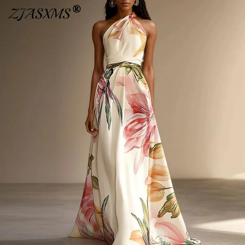 Vestido Sexy Bohemian Beach Holiday Dress Woman Elegant Floral Print High Waist Long Dress Spring Summer One Shoulder Maxi Dress