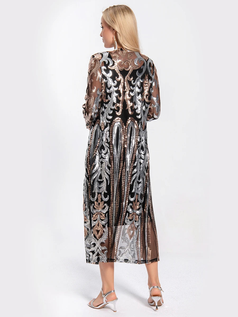 Women Sexy Long Sequin Open Front Mesh Cardigan Embroidery Long Sleeve Blouse Cover Up Coat Evening Prom Party Tops