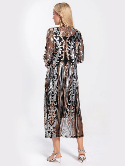 Women Sexy Long Sequin Open Front Mesh Cardigan Embroidery Long Sleeve Blouse Cover Up Coat Evening Prom Party Tops