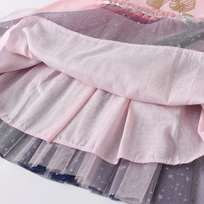 DXTON Winter Long Sleeve Girls Dresses Unicorn Cartoon Kids Party Princess Dress-up Gradient Mesh Childres Vacation Costumes
