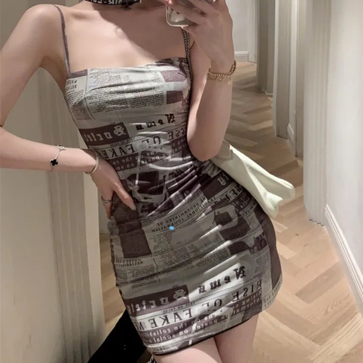 Dress for Women Korean Style Tight Newspaper Printed Dress Summer Hot Girl Suspender Short Skirt Pure Desire Long Sleeved Dress