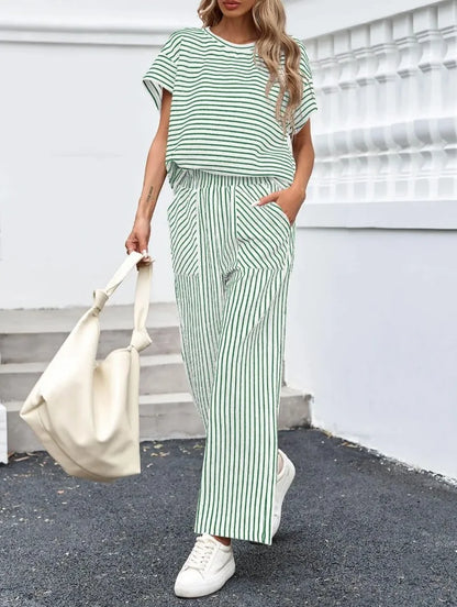 2026 New Women Pants Set Striped Casual Loose Fashion Comfortable Niche Round Neck Elastic Waist Daily Commuter Style Pants Set