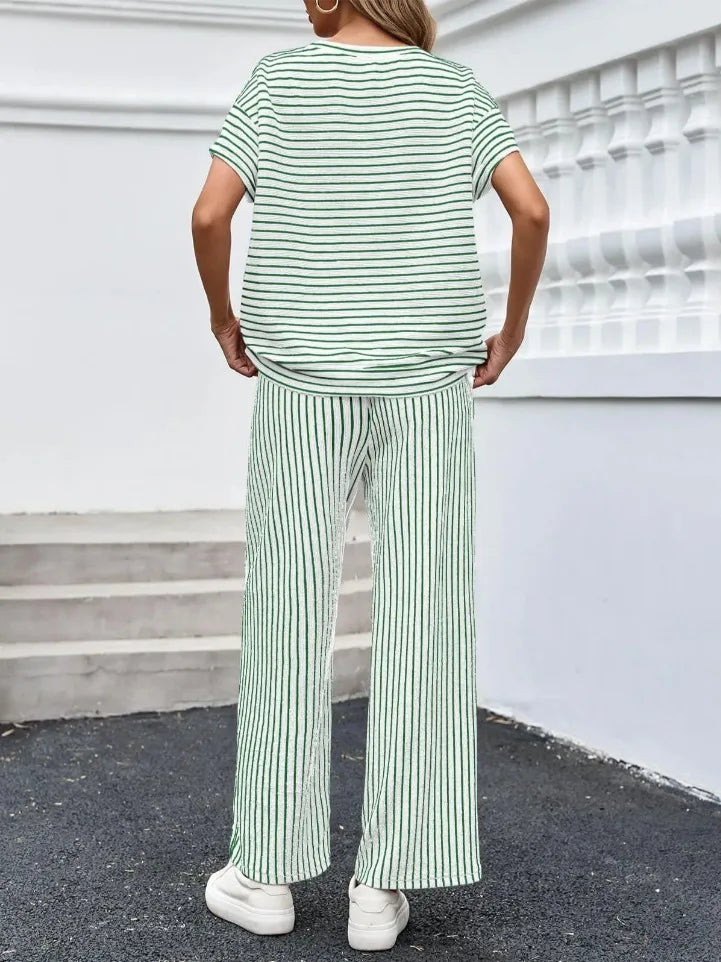 2026 New Women Pants Set Striped Casual Loose Fashion Comfortable Niche Round Neck Elastic Waist Daily Commuter Style Pants Set
