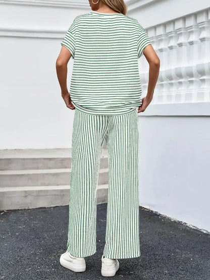 2026 New Women Pants Set Striped Casual Loose Fashion Comfortable Niche Round Neck Elastic Waist Daily Commuter Style Pants Set