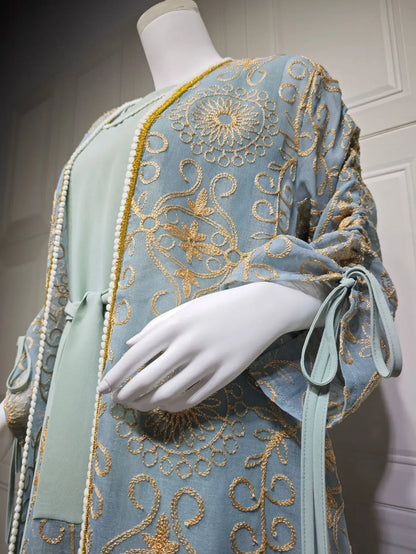 Eid Muslim Abayas for Women Party 2 Piece Set Embroidery Cardigan Robe Lace Up Dress Morocco Kaftan Islam Ramadan Dubai Vestidos