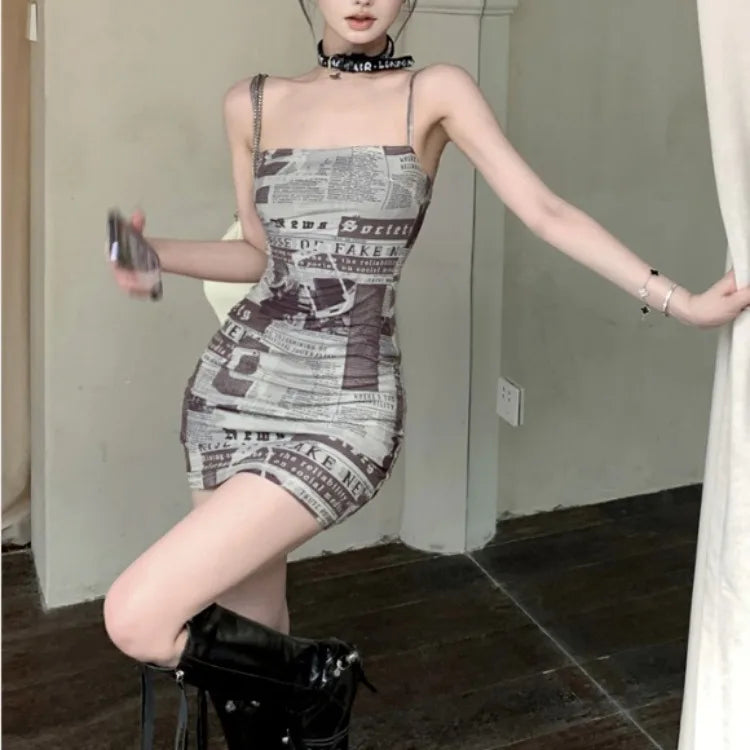 Dress for Women Korean Style Tight Newspaper Printed Dress Summer Hot Girl Suspender Short Skirt Pure Desire Long Sleeved Dress