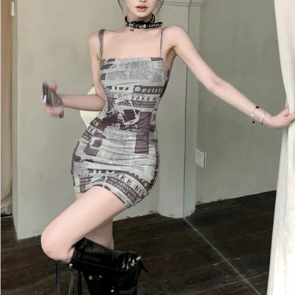 Dress for Women Korean Style Tight Newspaper Printed Dress Summer Hot Girl Suspender Short Skirt Pure Desire Long Sleeved Dress