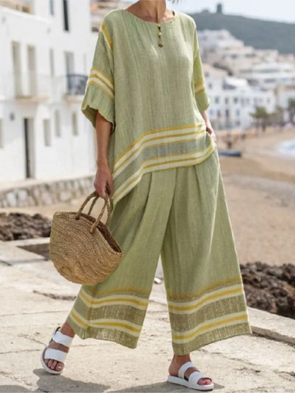 Retro Vacation Printed Striped 2Piece Set Half Sleeve Oversize Pullover Top+Long Pants Casual Women Patchwork Pocket Set Outfits