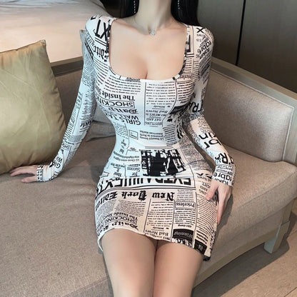 8186Europe and America2026Cross-border foreign trade American-style spicy girl newspaper print slimming long-sleeve dress trendy