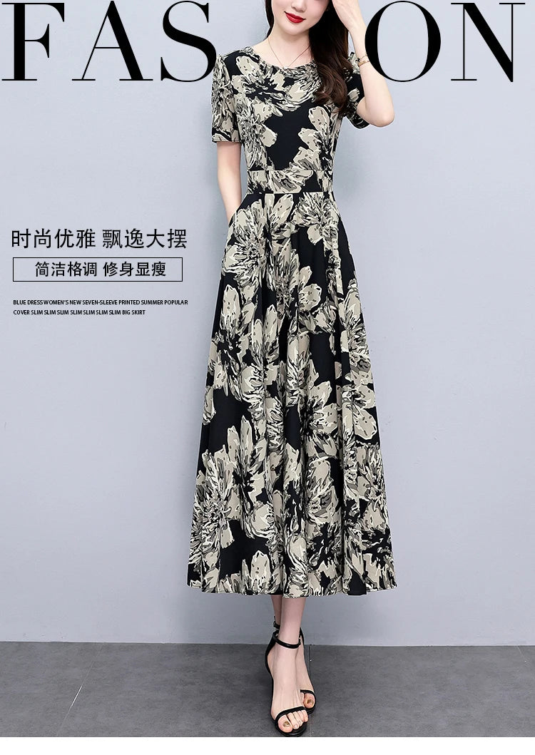 2024 Summer Floral Casual Long Sundress Women Elegant Bodycon Party Chic Prom Night Dresses Fashion Vintage Black Luxury Clothes