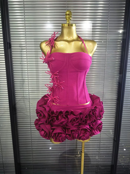 Red Black Women Sexy Halter Full Florals 2 Pieces Bodycon Mini Bandage Dress Celebrate Nightclub Party Birthday Outfit