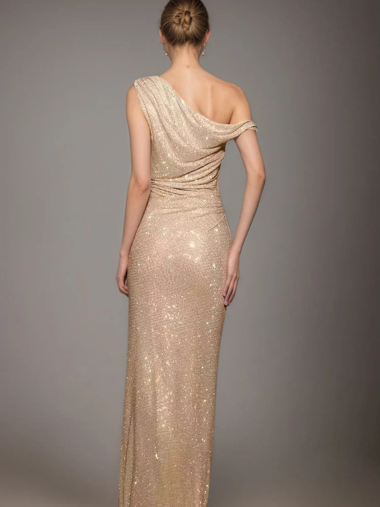 DEAT Fashion Apricot Water Diamond Slanted Shoulder Hollowed Out Sparkling Party Dress Women's Ankle-length Dresses New