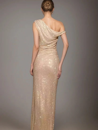 DEAT Fashion Apricot Water Diamond Slanted Shoulder Hollowed Out Sparkling Party Dress Women's Ankle-length Dresses New