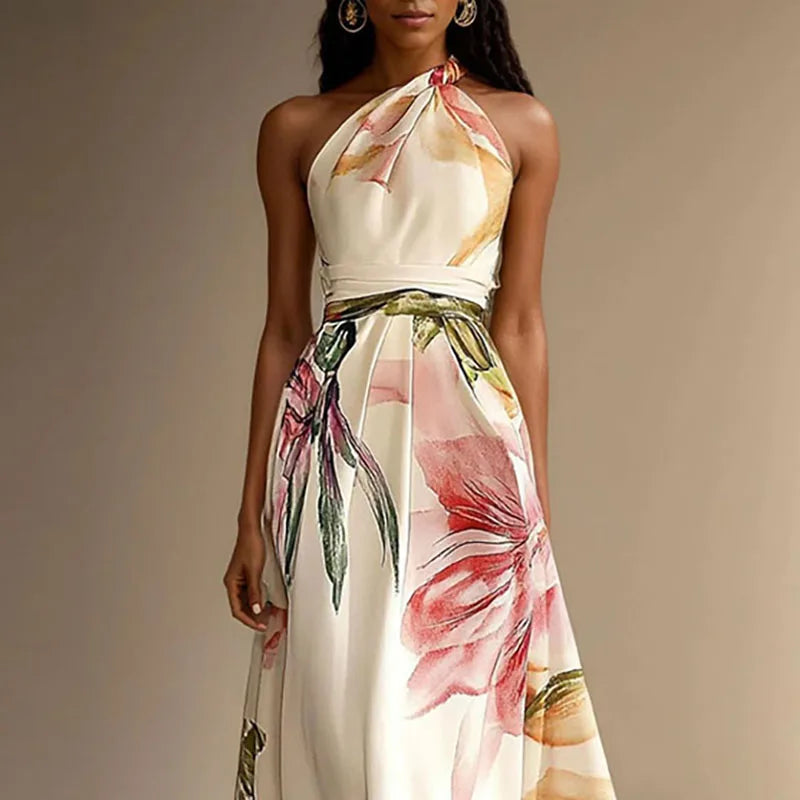 Vestido Sexy Bohemian Beach Holiday Dress Woman Elegant Floral Print High Waist Long Dress Spring Summer One Shoulder Maxi Dress