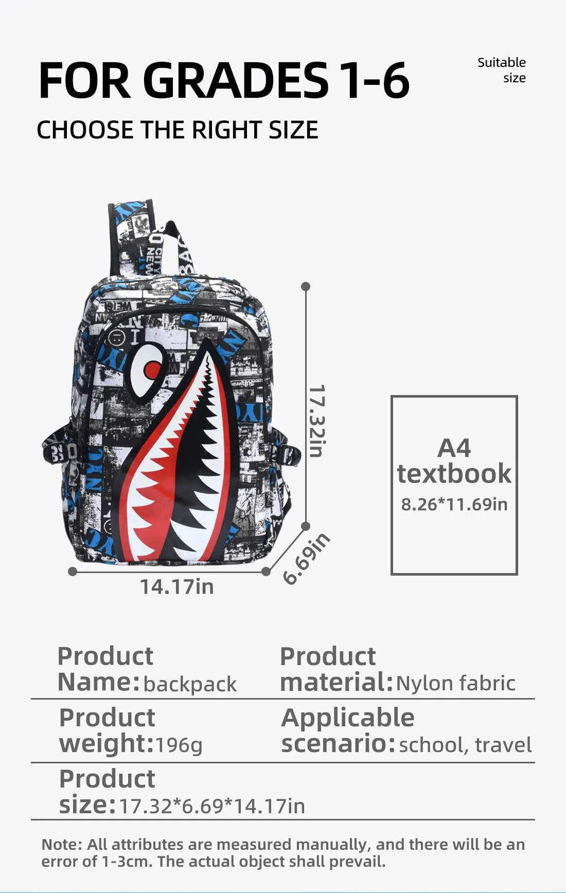 Black White School Satchel Unisex Casual Daypack Lightweight Women Back Bag Designer Shark School Bag Teenage Girls Boys College