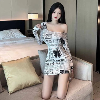 8186Europe and America2026Cross-border foreign trade American-style spicy girl newspaper print slimming long-sleeve dress trendy