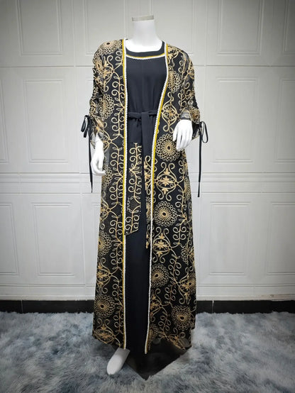 Eid Muslim Abayas for Women Party 2 Piece Set Embroidery Cardigan Robe Lace Up Dress Morocco Kaftan Islam Ramadan Dubai Vestidos