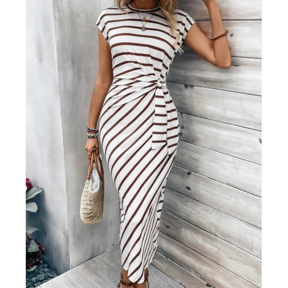 Summer New Long Dress Elegant Waist Strap Fashionable Striped Print Round Neck Short Sleeved High-end Women's Dress