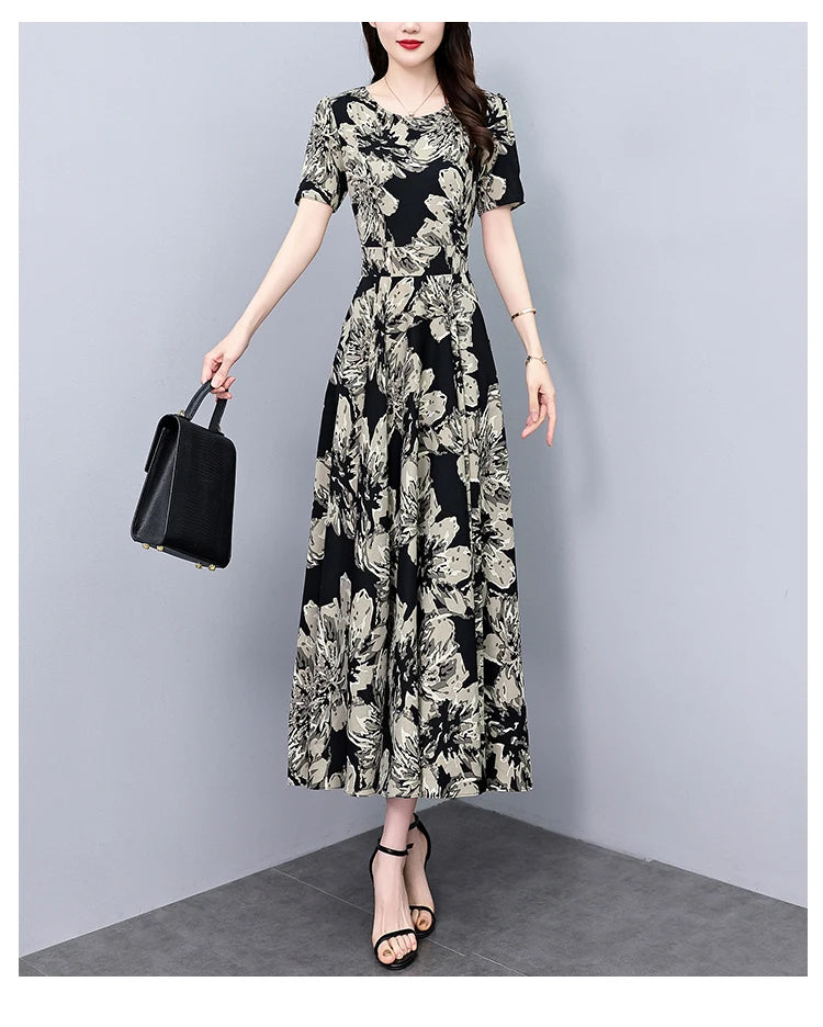 2024 Summer Floral Casual Long Sundress Women Elegant Bodycon Party Chic Prom Night Dresses Fashion Vintage Black Luxury Clothes