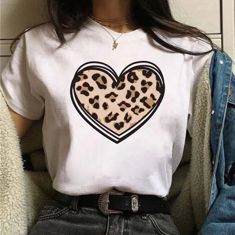 Leopard Print Simple Round Neck Lovely Woman Harajuku Graphic T Shirts Tops Summer Fashion Harajuku Sleeve Aesthetic Clothes